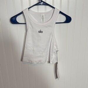 ALO Yoga White Cropped Tank Top with Black Logo
